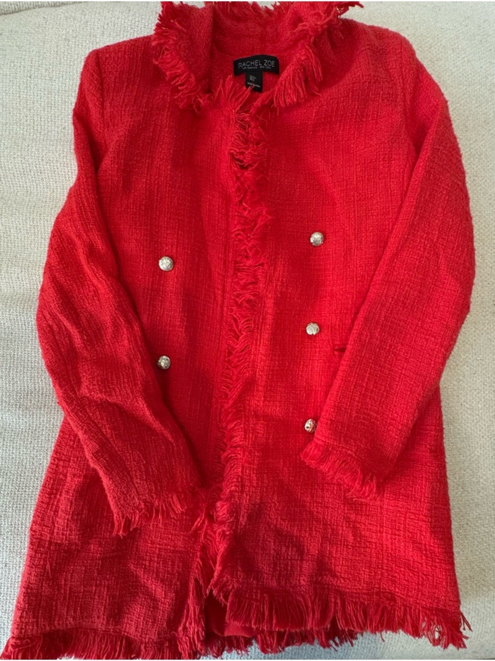 Rachel Zoe Bright Red Fringe Tweed Jacket with Gold Buttons